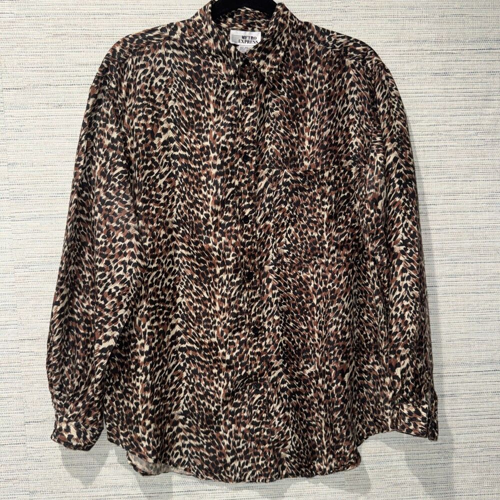Vintage Silk Blouse Leopard Animal Print Button Up Y2K Mob Wife Shirt 90s Small